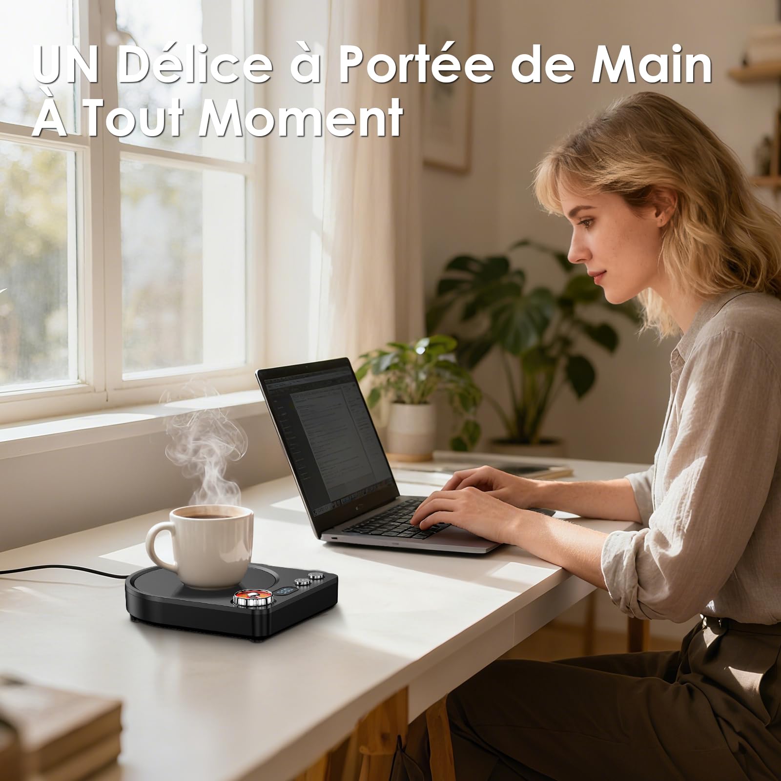 Accwork Chauffe Tasse Bureau Contrôlé par Bouton Rotatif à 9 Niveaux de Température, Réchauffe Tasse avec Minuterie 0.5-9H Arrêt Automatique, Maintenir au Chaud Le Thé, Le Lait et Le Café