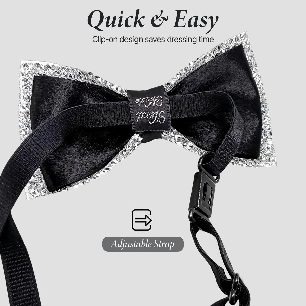 Rhinestone Bow Ties for Men Pre Tied Sequin Bow Ties Banquet Bowties Adjustable for Wedding Party(Black)