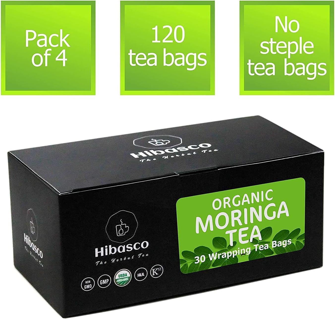 QURA Moringa Tea - 120 bolsitas de té para una sola taza I certificado USDA, té de hojas verdes de hierbas