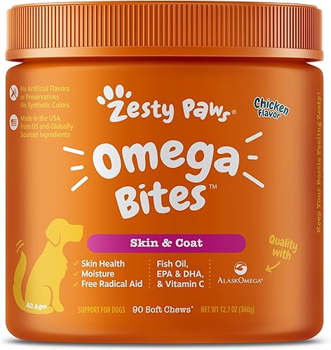 Zesty Paws Omega 3 Alaskan Fish Oil Bites for Dogs - with AlaskOmega for EPA  DHA Fatty Acids - Hip  Joint Support  Skin  Coat