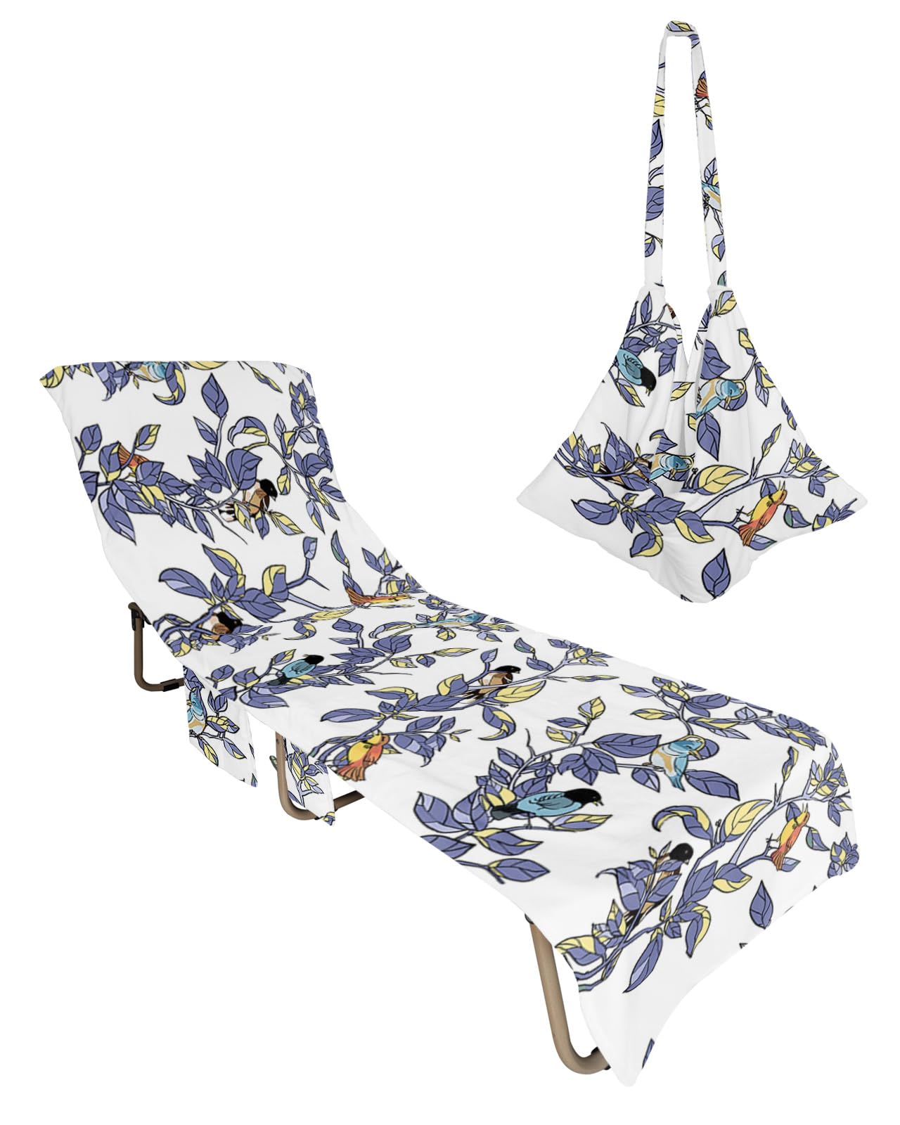 Vintage Plants Beach Chair Towel Covers for Chaise Lounge with Side Pocket, Soft Plush Pool Towels Cover for Patio Sunbathing Outdoor 29''x85'' Blue Leaves Flower Botany Birds