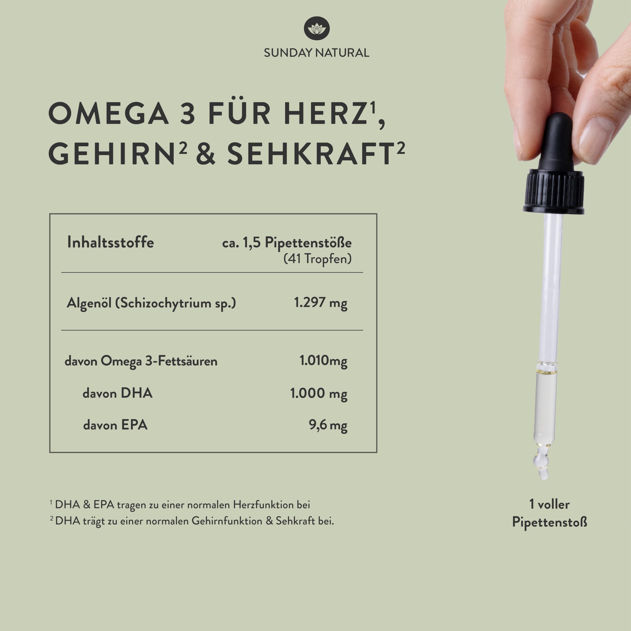 SUNDAY NATURAL® DHA Omega 3 Algenöl Vegan - Hochdosiert 1.000mg Omega 3 EPA DHA – 100ml – Natürlicher Zitronengeschmack – Triglycerid-Form – Laborgeprüft in Deutschland, ohne unnötige Zusätze