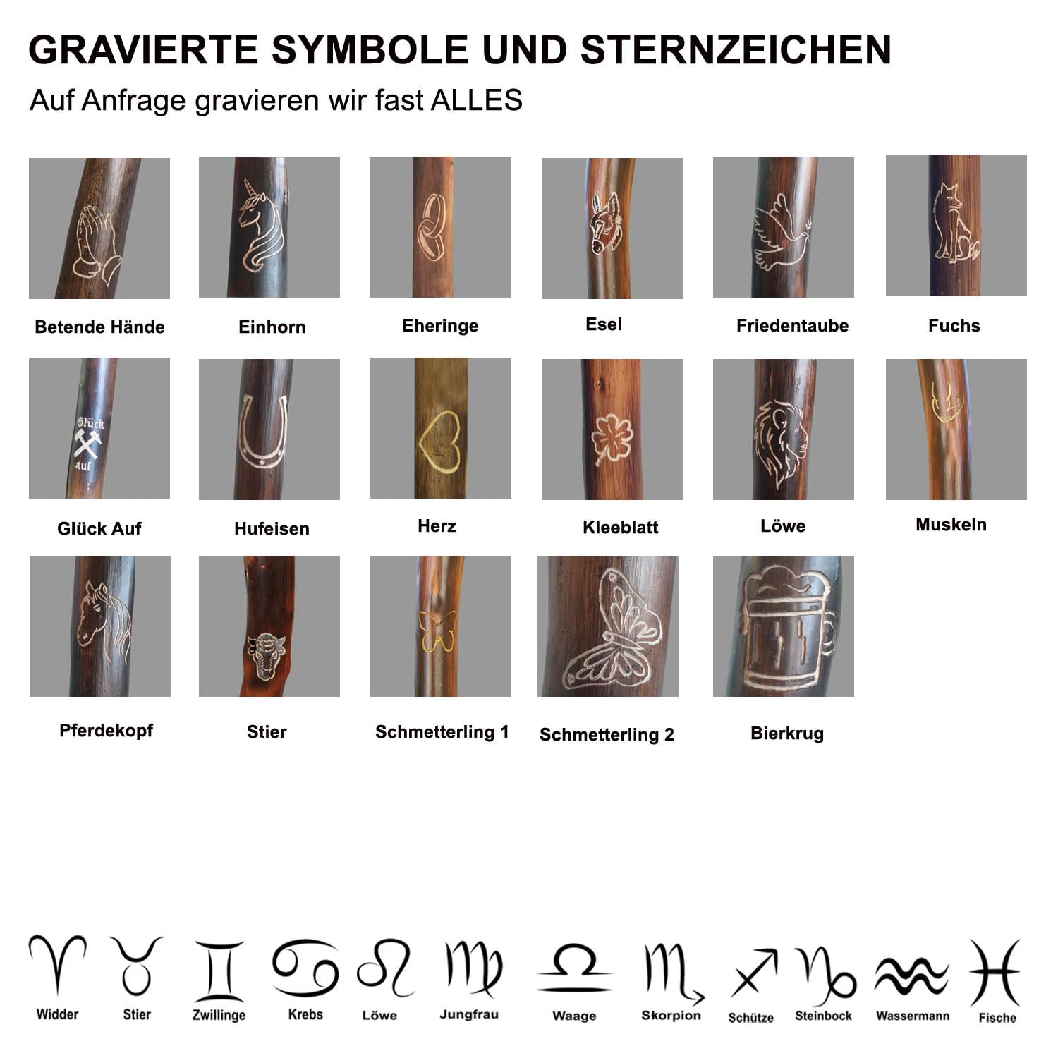 Wanderstock Holz aus Naturwurzelholz mit Sternzeichen-Symbolen, 98-170 cm | 15 Zeichen im Preis enthalten
