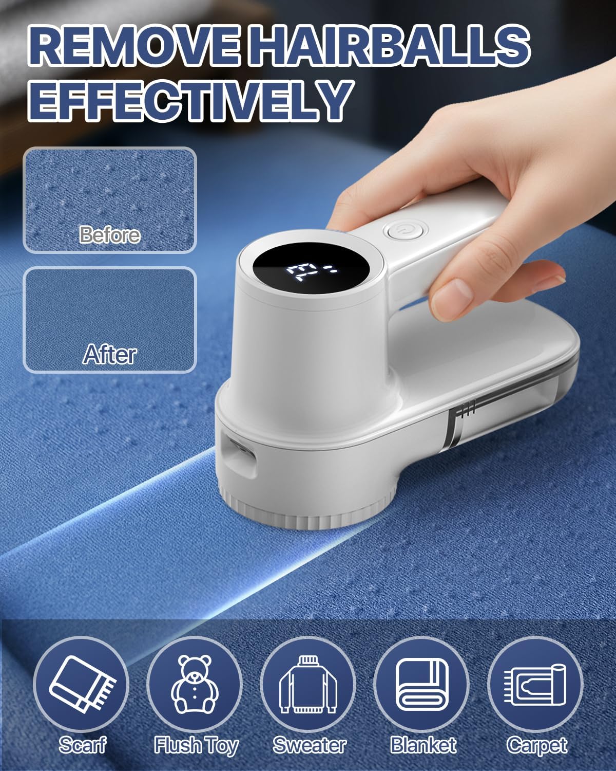 Image showing the Homtronics Fabric Shaver in use on a blue fabric surface, with 'Before' and 'After' swatches demonstrating effective removal of hairballs and pilling. Icons below indicate its applicability for scarves, plush toys, sweaters, blankets, and carpets.