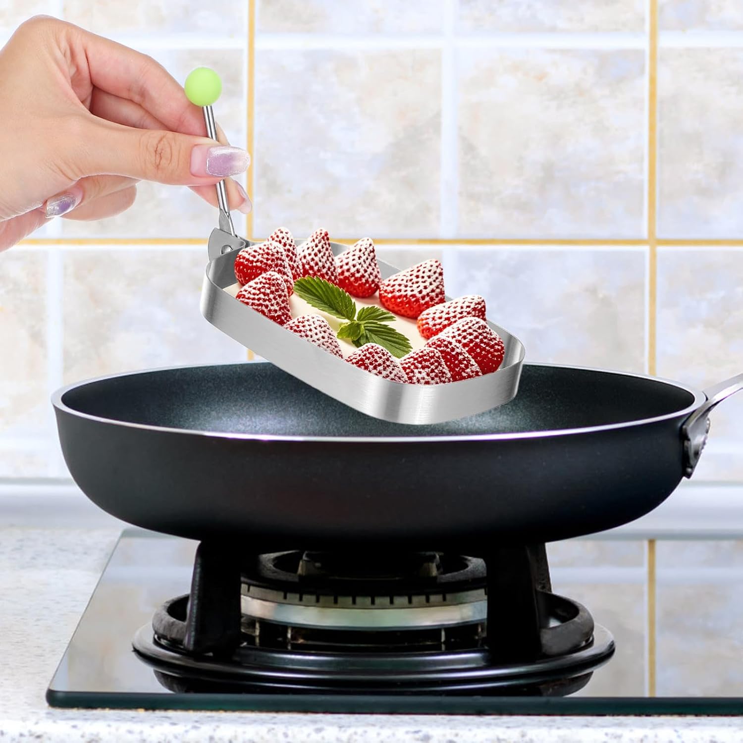 4pcs Stainless Steel Cake Mold Rings for Baking with Handle, Rectangular Shape, Easy Cleaning and High Temperature Resistant, for Breakfast and Dessert Cooking