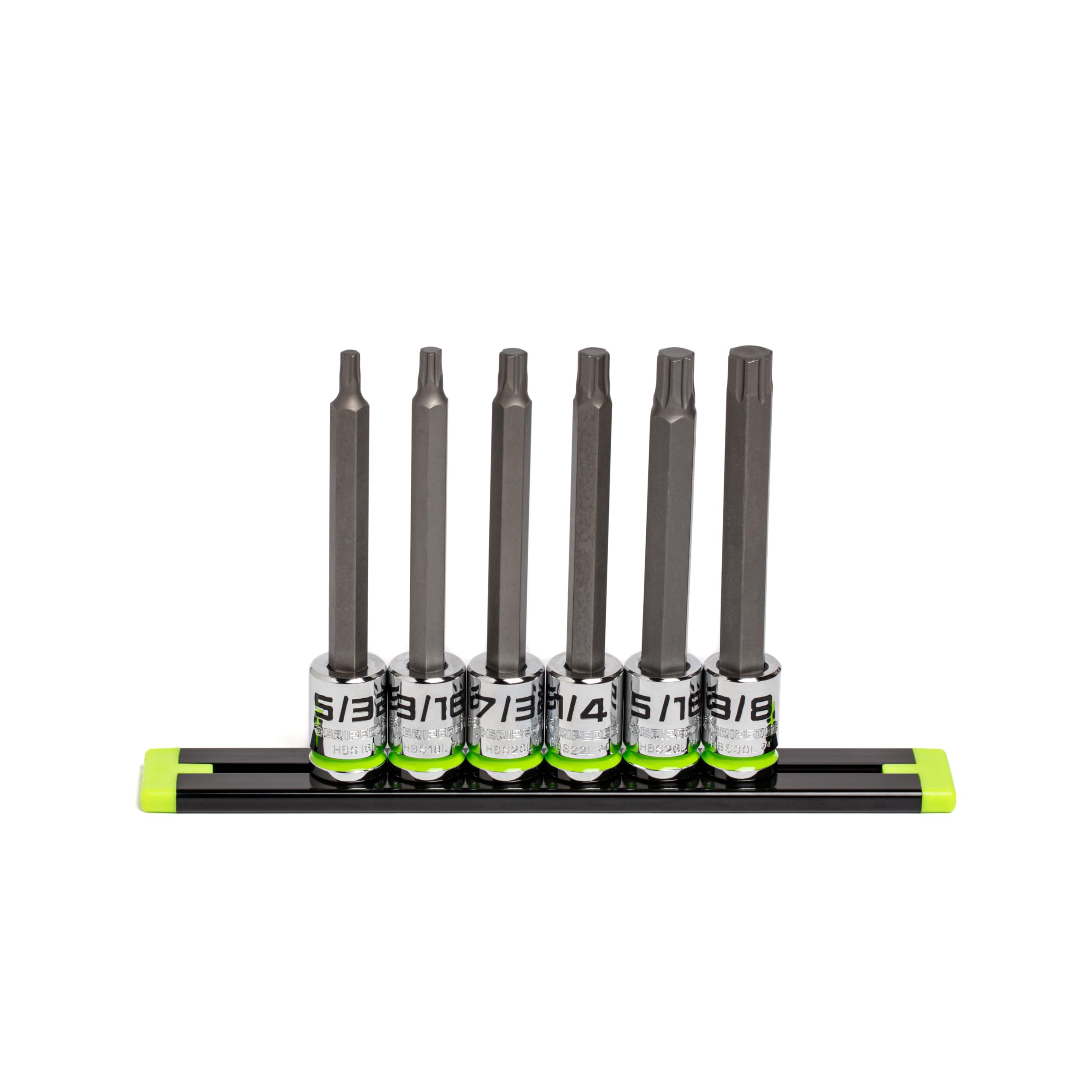 GRIPEDGE HEX Bit Socket Set | 6-PC - 3/8'' Drive Long SAE RPT Hex Driver Set | Sizes 5/32, 3/16, 7/32, 1/4, 5/16, 3/8" | Made With S2 Steel | Includes