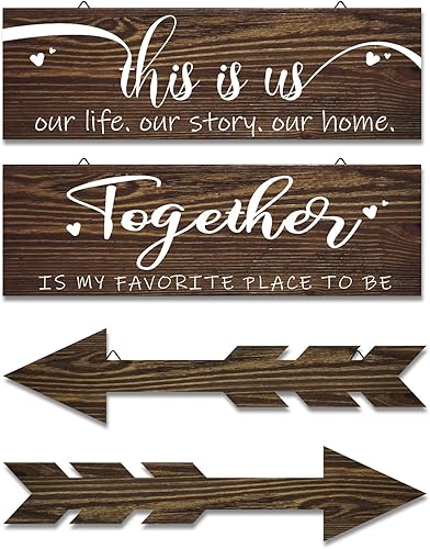 decalmile 4 letreros colgantes de madera para la familia, decoración de pared de madera rústica con flechas colgantes, arte de pared estilo granja