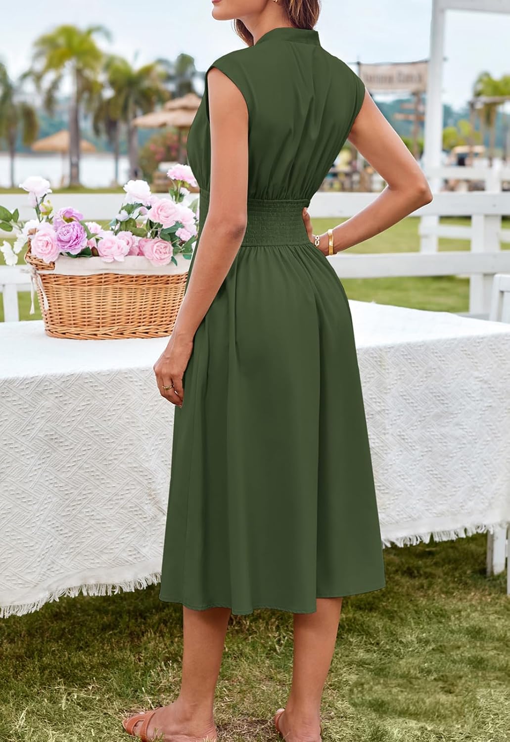 GRACE KARIN Womens Summer Casual Dress, Business Office Work Dresses, Cap Sleeve Zipper Front Flowy Midi Dress with Pockets - Image 3