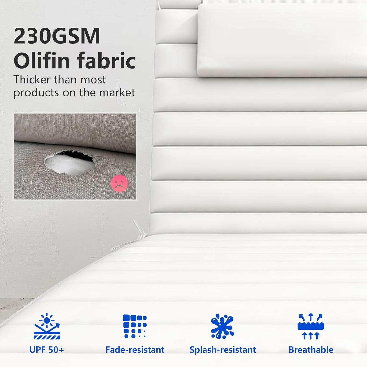 Outdoor Chaise Lounge Cushions,Waterproof Sun Lounger Chair Cushion,Foldable Olefin Pool Layout Chairs Pad with Ties and Headrest for Patio Furniture,Lawn,Garden (1, White, 72 * 21in)