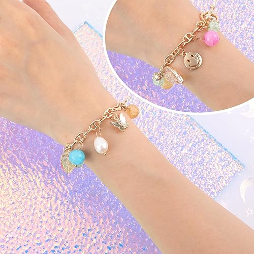 Miniatura 4 de Pulsera colorida con dijes para mujeres y niñas, pulsera de cadena dorada con bonitas cuentas redondas de flores de mariposa, dije de cara