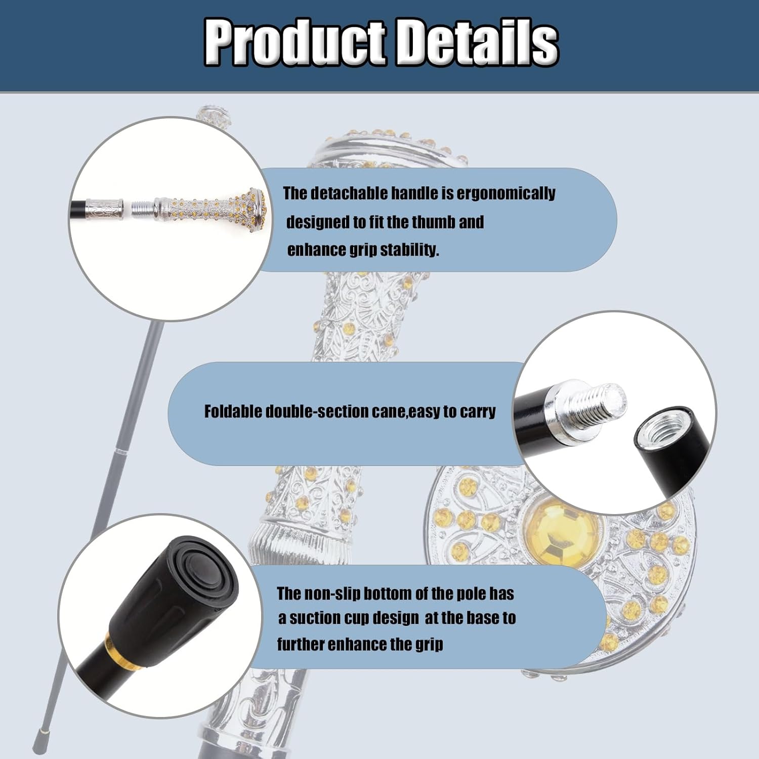 Silver Yellow Artificial Diamonds Walking Cane, Fashion Decorative Stick, Gentleman Elegant Cosplay Cane Crosier Men Womens 91cm