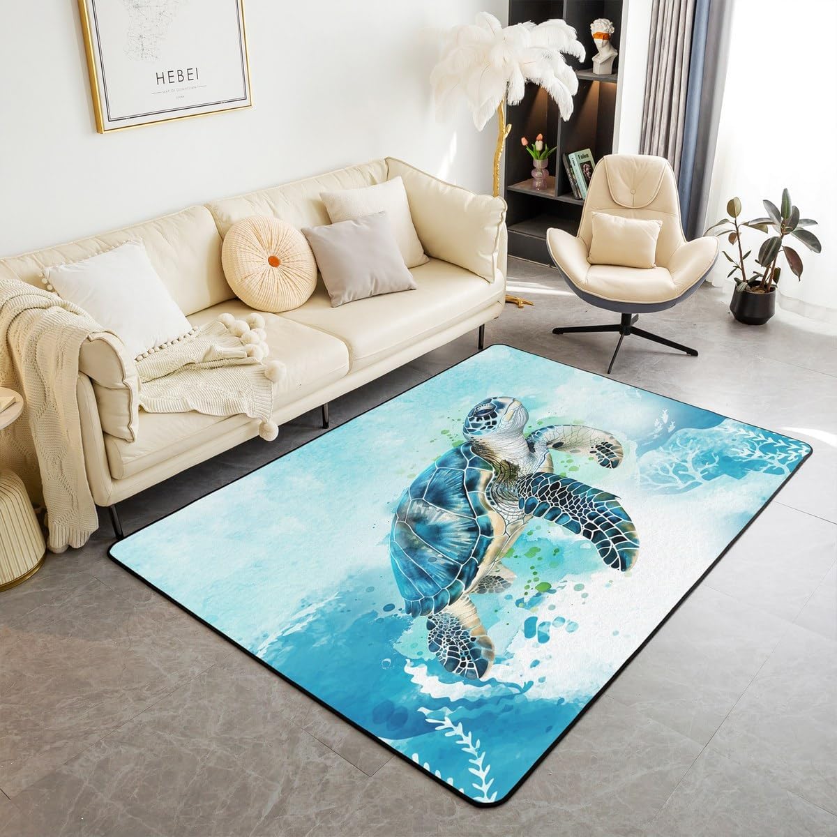 Feelyou Sea Turtle Blue Teal Decorative Rug Area Rug 3x5 Kids Ocean Decorative Carpet for Boys Girls Teens Beach Coastal Living Room Rugs Non-Slip Animal Indoor Floor Mat Room Decor Accent Rug
