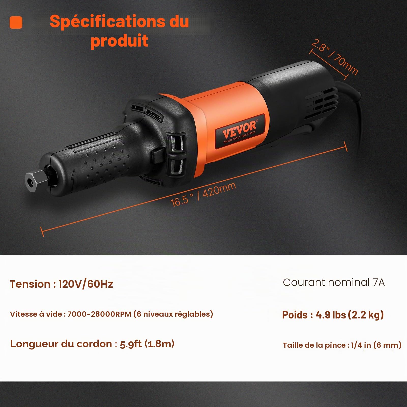VEVOR Meuleuse Droite 820 W Meuleuse Électrique 10000-28000 tr/min Outil Multifonction 6 Vitesses avec Câble de 1,8 m Pince de Serrage 3 mm et 6 mm Opération Silencieux pour Ponçage Polissage Découpe