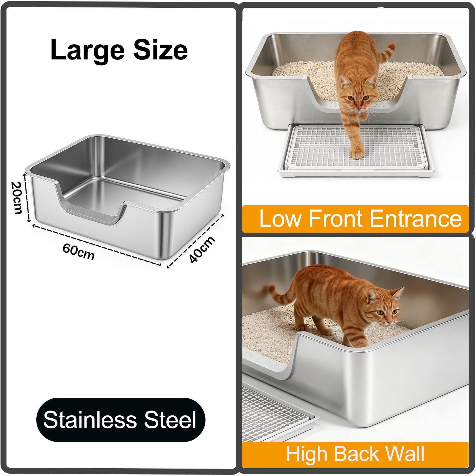 Edelstahl Katzenklo Groß XXL mit Sieb, Hoher Rand & Niedriger Eingang, Geruchsfrei, Leicht zu Reinigen, Katzenklo Metall für Große Katzen & Mehrkatzenhaushalte, 60×40×20cm