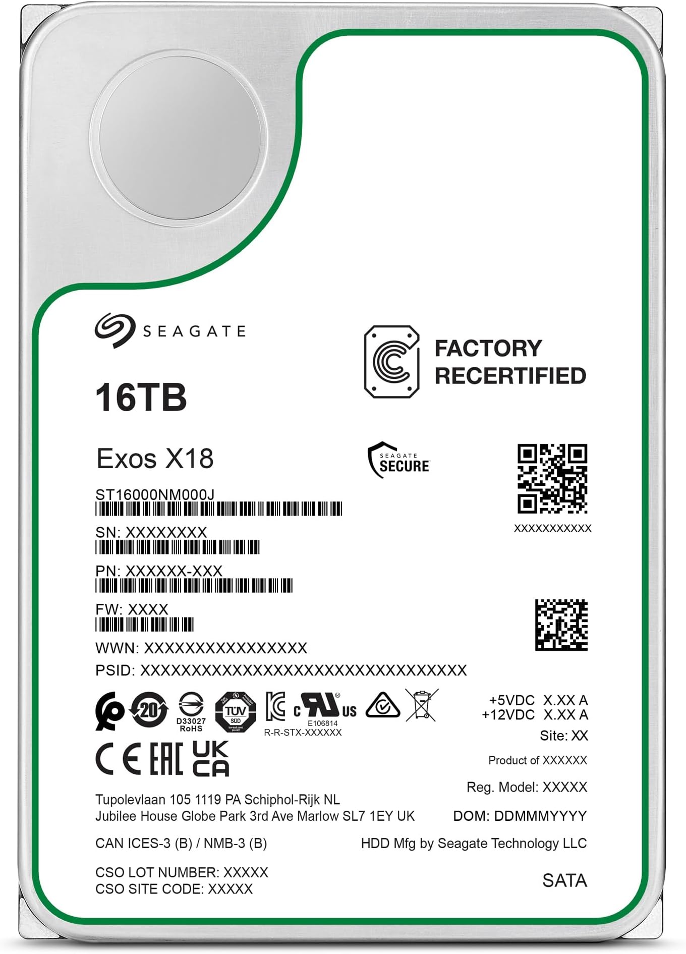 Seagate Exos X18 Enterprise 16TB HDD, CMR 3.5" Hyperscale SATA 6GB/s, 7200rpm, 512e, 4Kn Fast Format, Low Latency with Improved Caching, Model No.: ST16000NM000J (Refurbished)