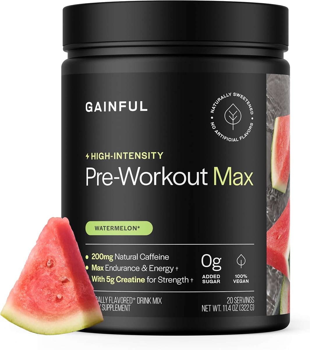 Polvo previo al entrenamiento de alta intensidad Gainful, sabor a sandía, 20 porciones | 200 mg de cafeína, 5 g de creatina, con BCAA, beta alanina y L-citrulina, respalda la energía, la fuerza, la resistencia y la recuperación