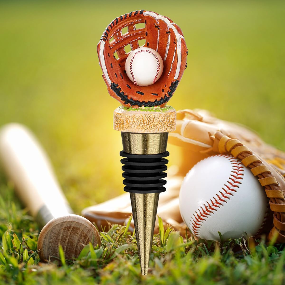 Baseball Fan Gift for Men, 2-in-1 Baseball Glove Wine Stoppers, Bottle Stopper with Bronze Cone, Removable Wine Stopper with Gift Bag, Gift for Sports Fans, Baseball Lovers