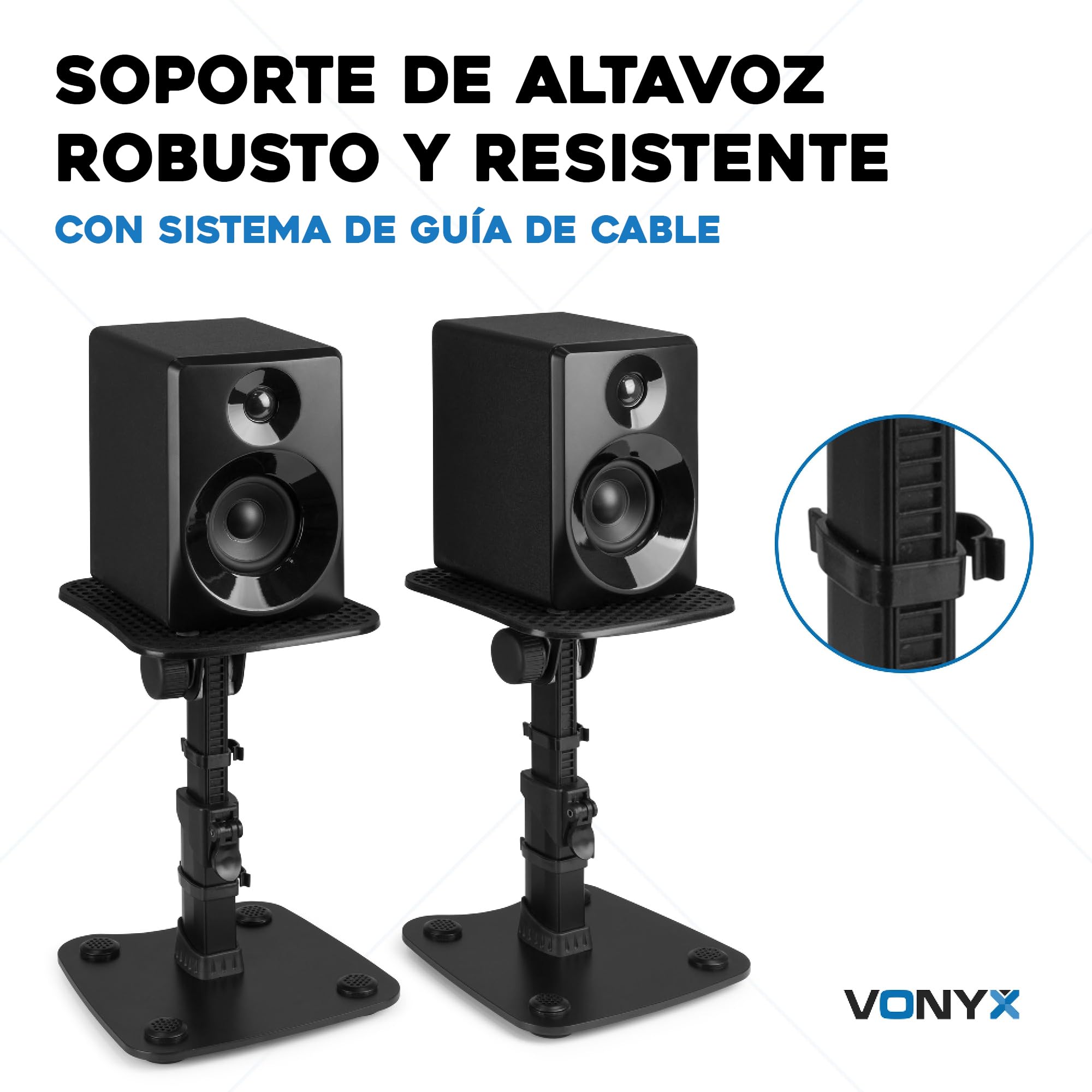 Vonyx SMS30 - Soporte de altavoz universal ajustable en altura de 23 cm a 29,5 cm, soporte estable para altavoces o monitores de estudio de hasta 15 kg e inclinación de +/- 10° para un sonido óptimo