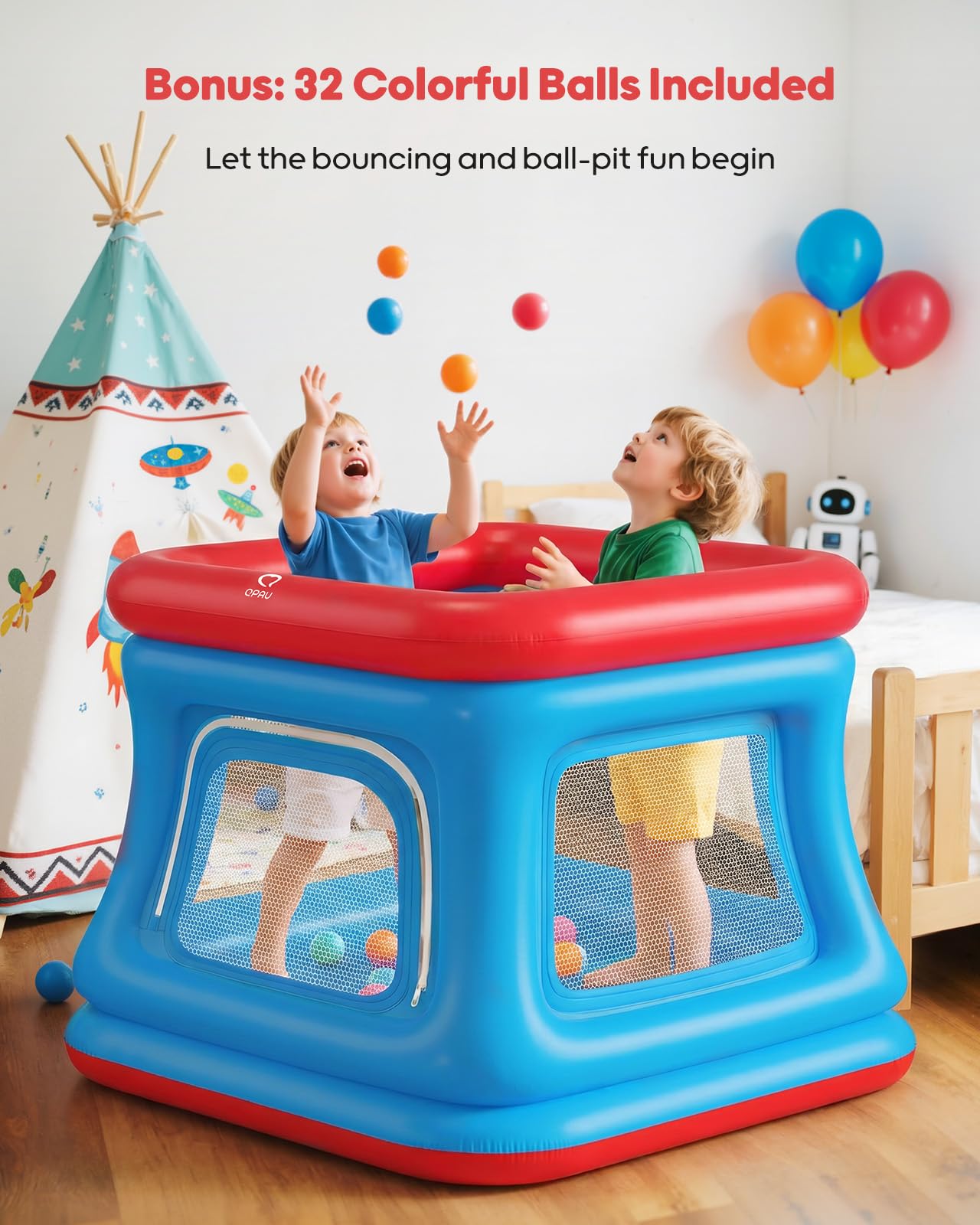 QPAU Piscina de bolas y trampolín 3 en 1 para niños pequeños, castillo hinchable con red de seguridad, juguete para exteriores para niños de 1 a 3 años, castillo hinchable para interiores, zona de