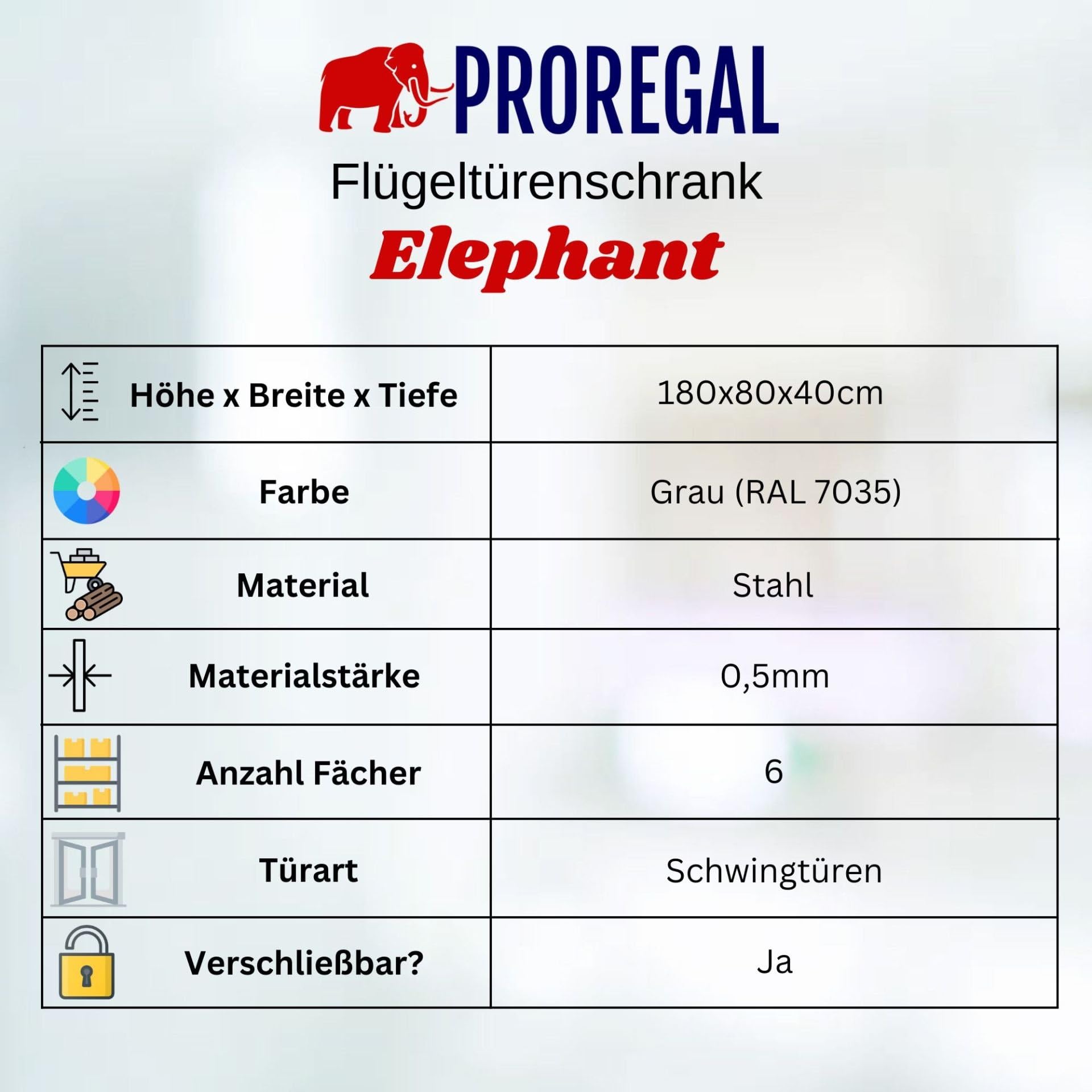 PROREGAL Mega Deal 2x Flügeltürenschrank ELEPHANT Metall Spind abschließbar 2 Türen 180x80x40cm Stahl 6 Fächern & Kleiderstange Stahlschrank Pulverbeschichtung Lichtgrau Garderobenschrank Aktenschrank