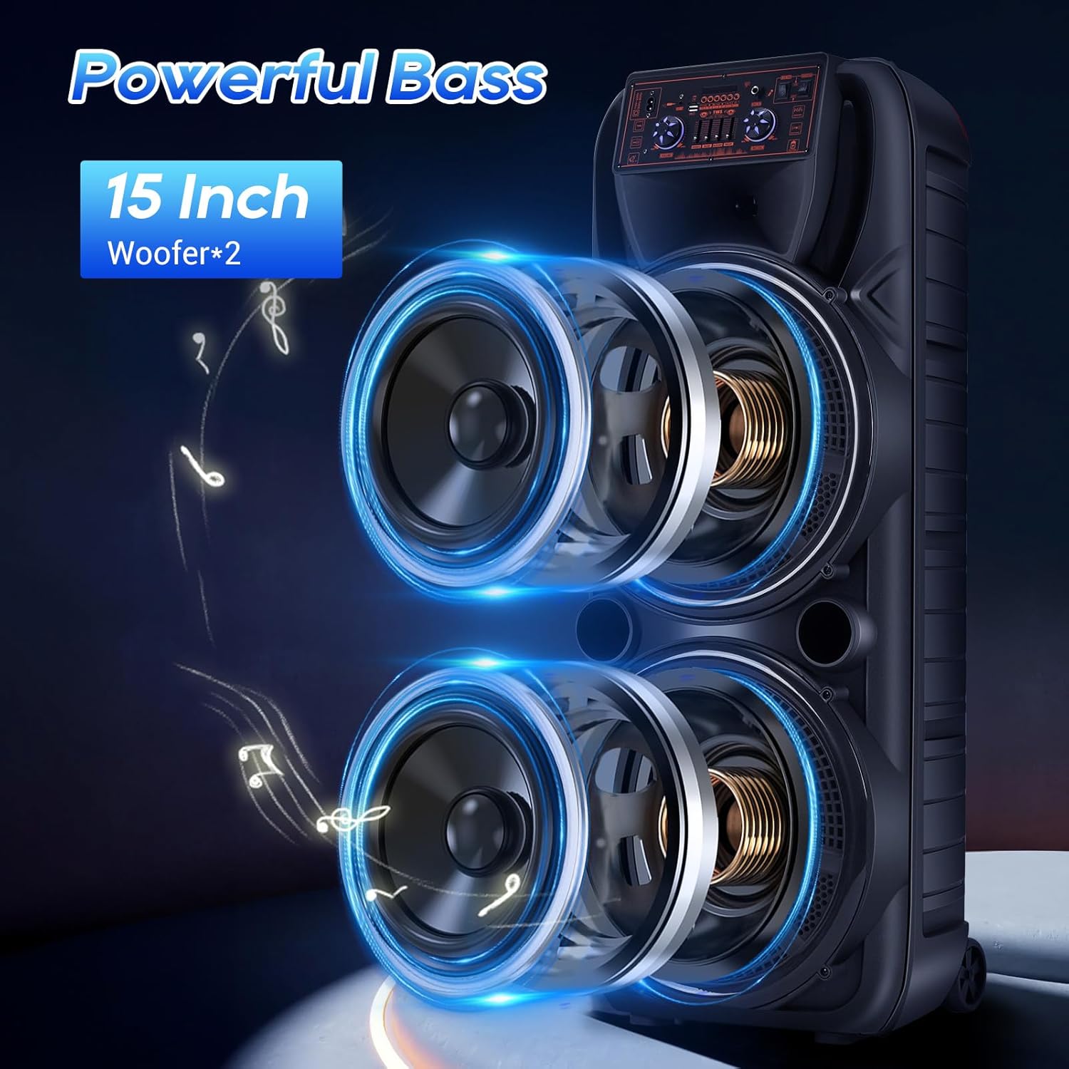 Dual 15'' Wireless Party Bluetooth Speaker, Portable PA Speaker Systems with 2 Wireless Microphones & Remote Control, Karaoke Machine with DJ Lights, TWS, REC, FM Radio, Treble Adjustment - Image 2