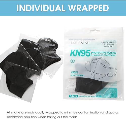 Miniatura 6 de Nanosase KN95 - Mascarillas para adultos, 5 capas, envueltas individualmente (10 máscaras negras para adultos)