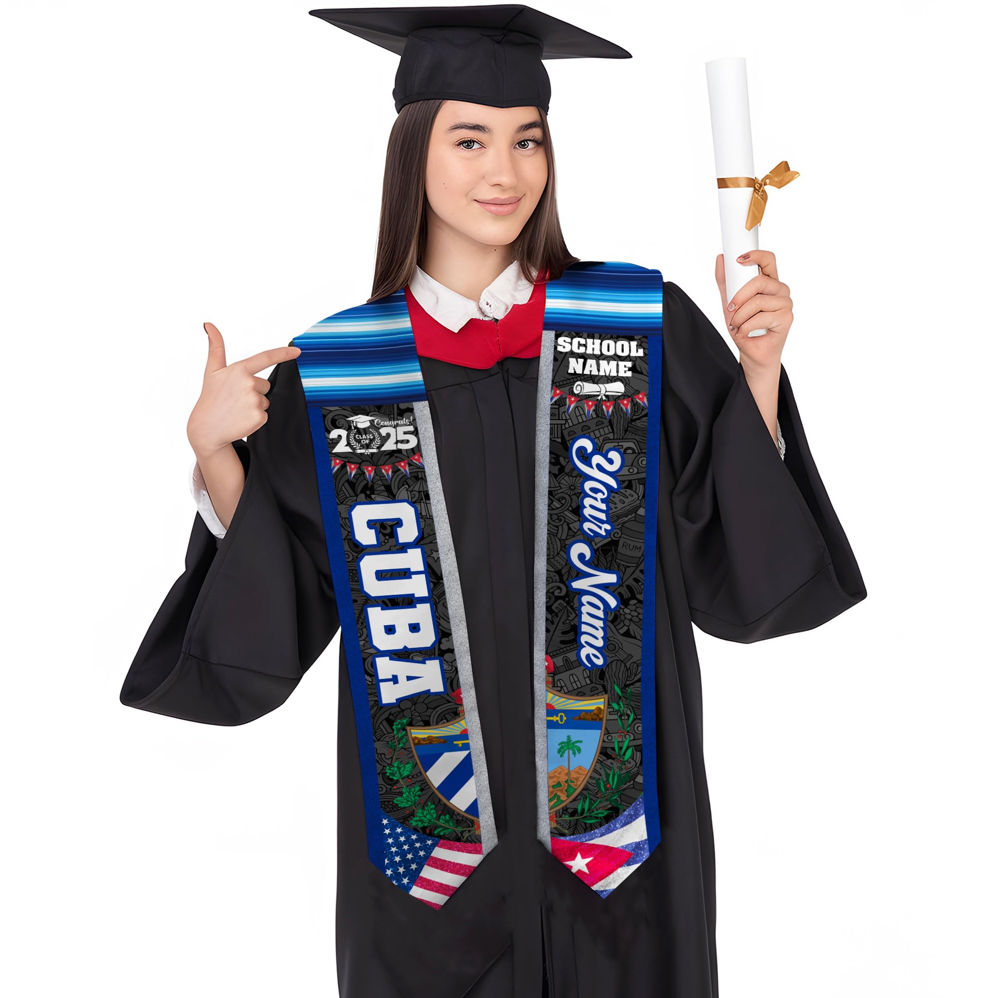 Custom Cuba Flag Graduation Sash 2025, Cubans Graduation Stole, Cuban American Flag Graduation Stole Class of 2025 Cb 8