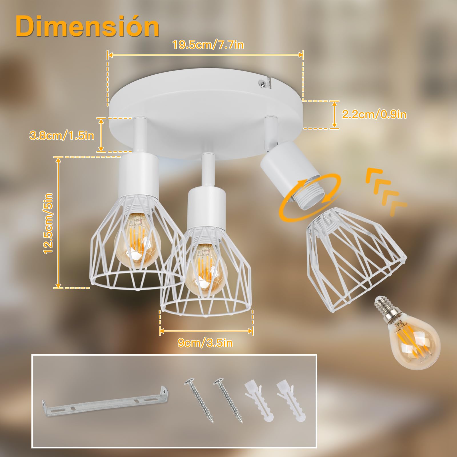 Lampara Foco Techo LED 3 Focos E14 - Focos Para el Techo Salón Redondo Blanco - Foco de Techo LED Cocina Moderno Orientable Dormitorio Lámpara de Techo - Sin Bombilla
