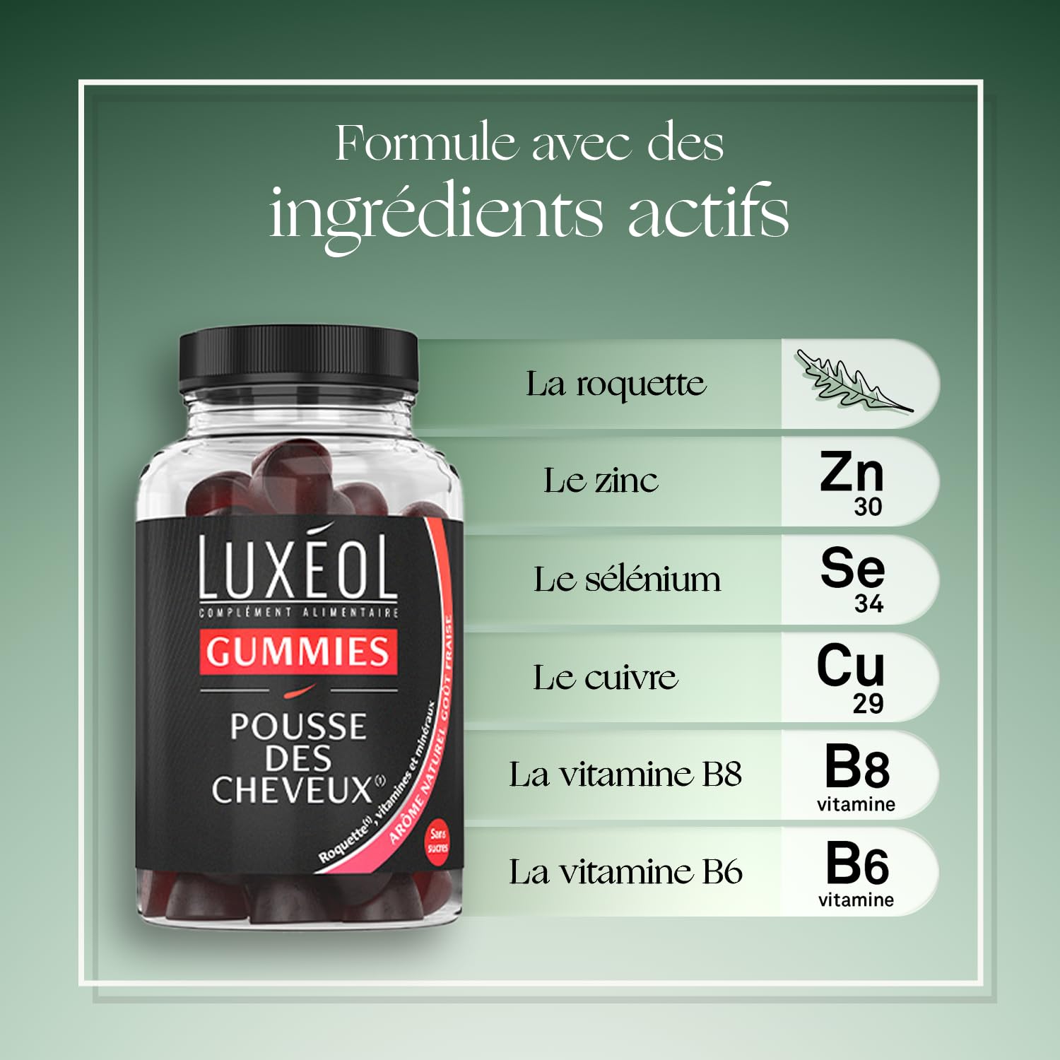 Luxéol - Gummies Pousse Cheveux - Complément Alimentaire - Stimule Le Bulbe Capillaire - Plante, Minéraux, Vitamines - Arôme Fraise, Sans Sucres - Fabriqué En France - Programme 1 mois - 60 Gummies