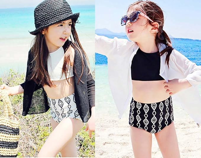 Amazon Co Jp 子供用 水着 女児 女の子 ガールズ ジュニア ビキニ キッズ スイムウェア ラッシュガード 子供水着 ジュニア水着 パンツ 上品 水泳 スイミング ストライプ 3点セット 上下セット スイミング プール 海水浴 温泉 Happy Online M 白い水着 黒いラッシュ
