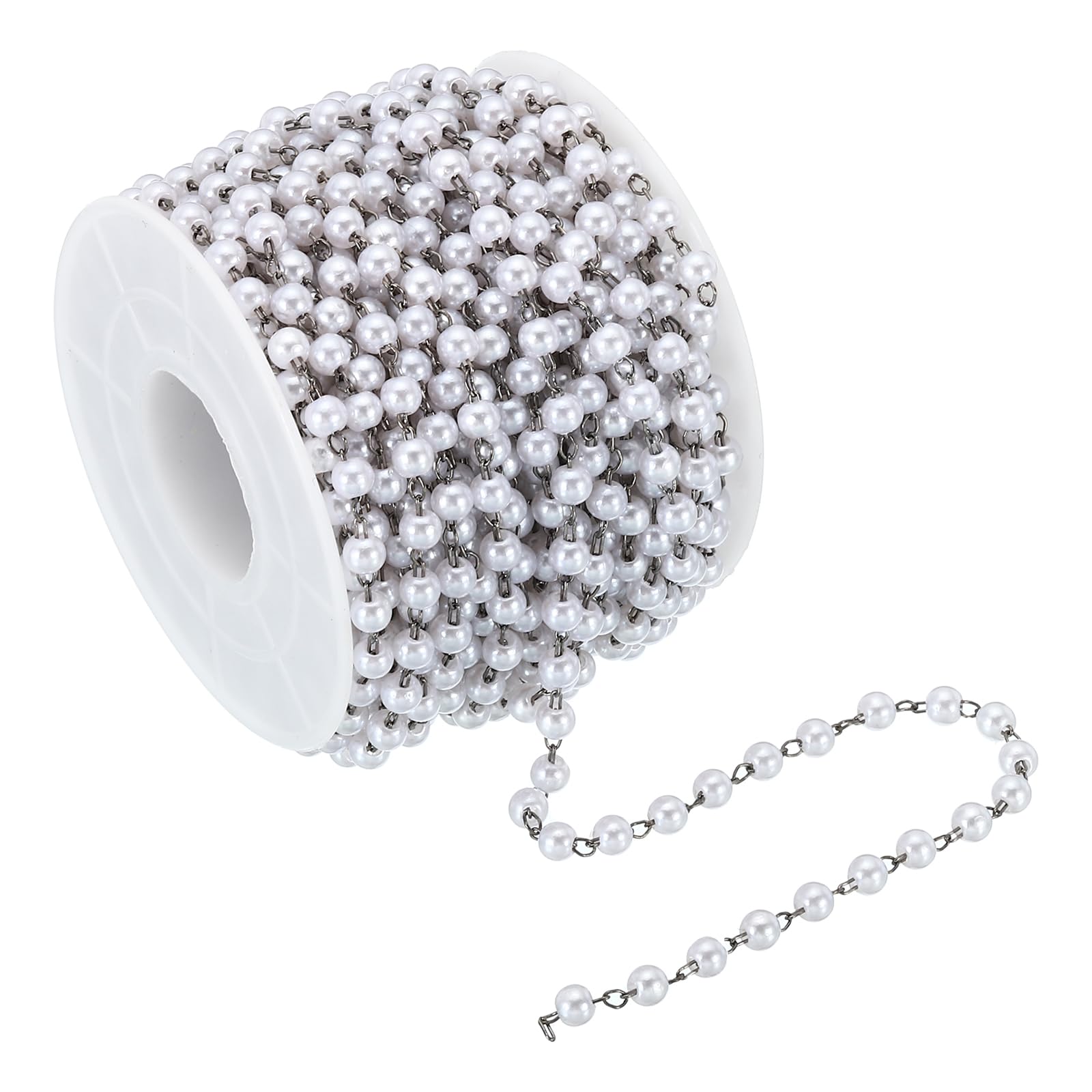 PATIKIL 10m/33 Feet Faux Pearl Beading Chain with Spool, 4mm Brass Chain Link for Decoration Making DIY Accessories Style 1