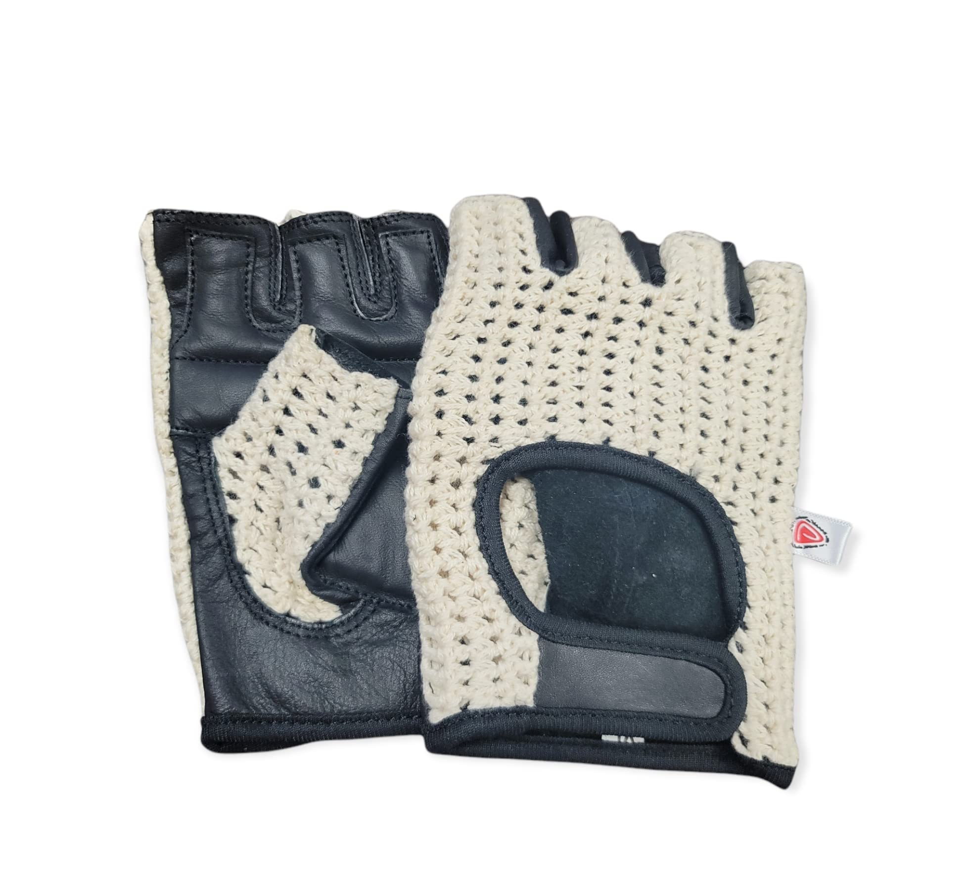 Prime Sports Leather Crochet Fingerless Driving Weight Training Cycling Wheelchair Biker Gloves (Black/White 049, X-Large)