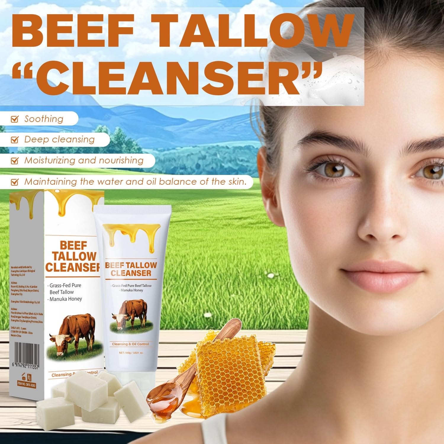 Beef Tallow for Skin Face Wash Grass Fed Beef Tallow Hydrating Facial Cleanser Skincare - Image 2