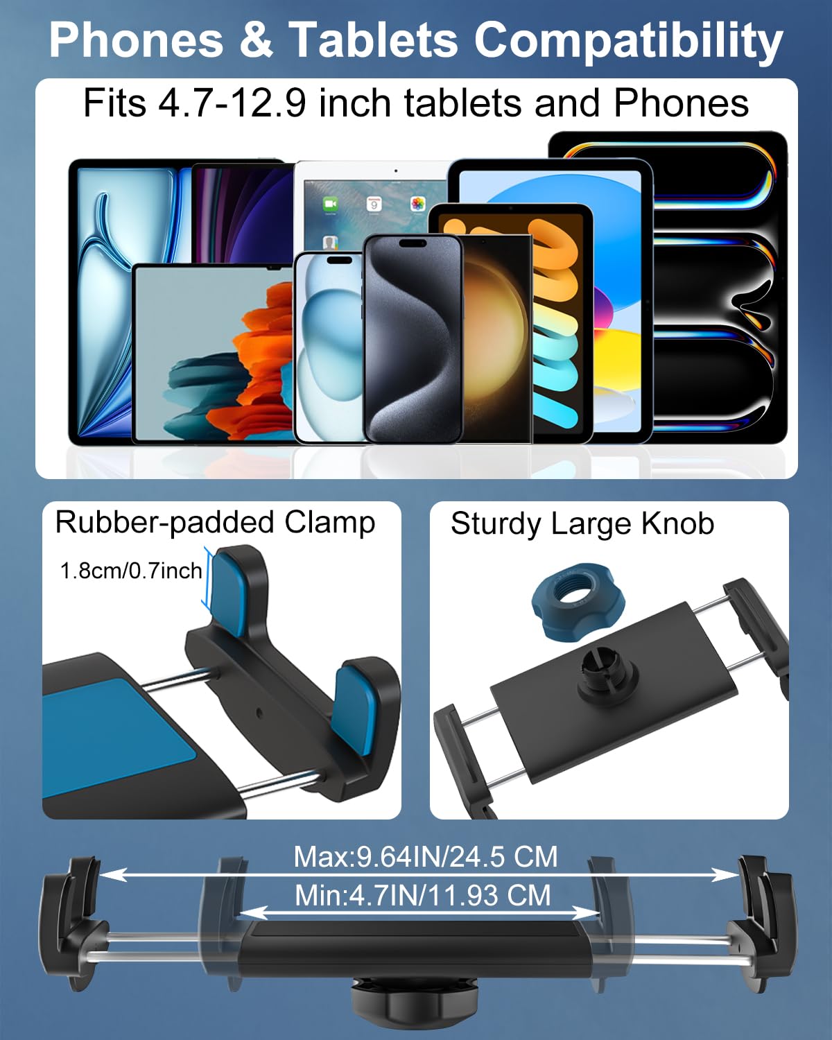 Soporte para Tablet y Smartphone en Camión Salpicadero, [Ventosa Súper Fuerte] Con Brazos Ajustables de Metal para iPad Pro Air Mini, Galaxy Tab, 4-12.9" Dispositivos