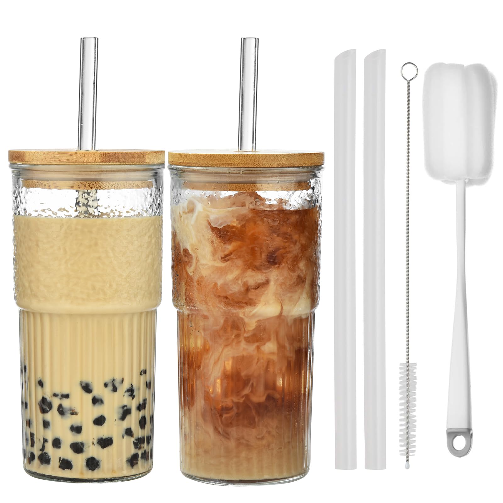 VITEVER 2 vasos de agua de cristal transparente a rayas con tapa, vasos acanalados, vasos de café helado, juego de vasos largos, vasos de cristal, vasos de té de burbujas (22 oz)