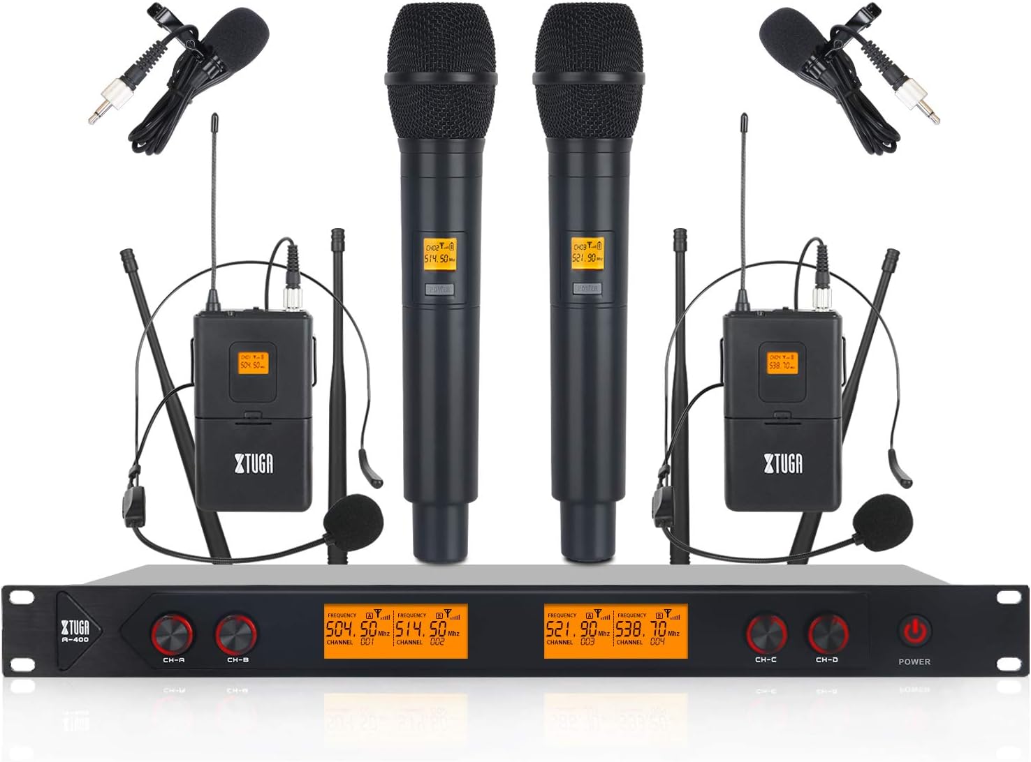 A400 Metal 4-Channel UHF Wireless Microphone System with 2 Handheld Microphones and 2 Bodypacks for Stage Church Wedding, Fixed Frequency, 50M Range (A)