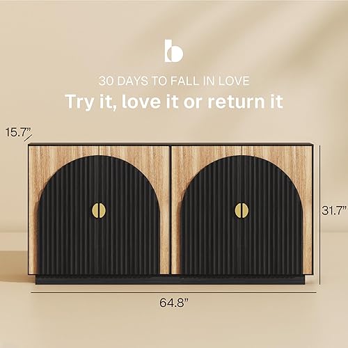 Miniatura 2 de BELLEZE Armario de buffet estriado de 65 pulgadas con almacenamiento, aparador simétrico con acento de arco para comedor, cocina y sala de estar