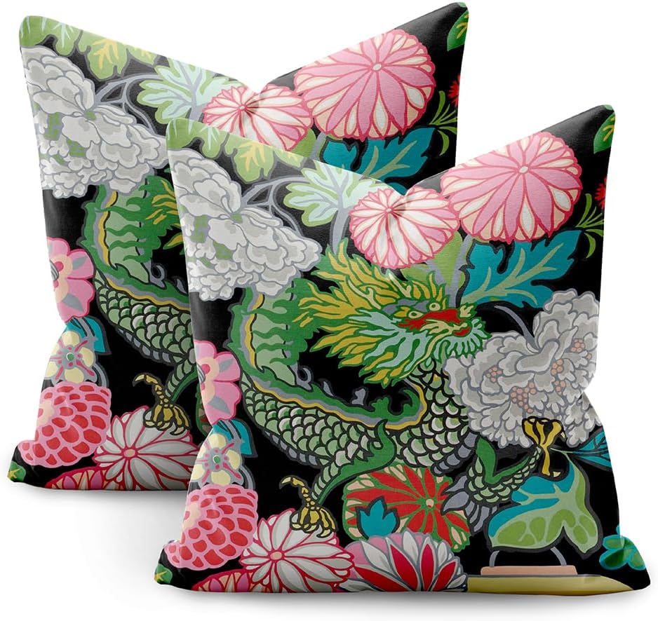 Chinoiserie Animal Dragon Pillow Covers 18x18 Set of 2,Blue and White Pillow Covers Outdoor Decorative Linen Pillow Covers for Couch Bed Sofa Cushion Farmhouse Pillowcases