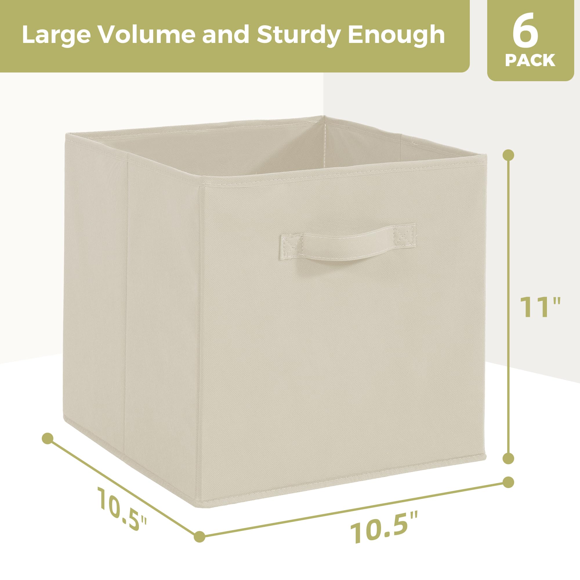 STORAGEIDEAS Storage Cubes, 11 Inch Cube Storage Bins, Set of 6, Fabric Foldable Storage Bins With Handles, Closet Storage Organizer Bins, Cubby Clothing Storage Baskets for Shelves, Beige