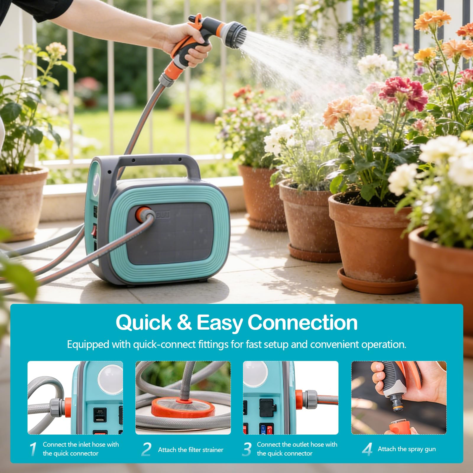 Pompe à Eau Sans Fil 12000 mAh, Pompe Auto-Amorçante Portable (Hauteur de Refoulement 2,5 m), Pompe Électrique avec Éclairage LED et Fonction Power Bank, Inclut Tuyaux 10 m et Pistolet d'Arrosage