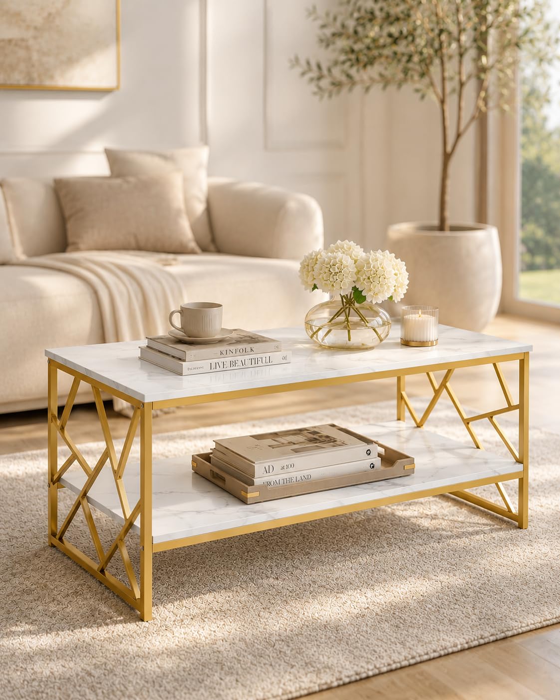 Table Basse Salon, Table Basse Blanche et Dorée, Table Basse Marbre Effet Marbre avec Rangement, Table Basse Rectangulaire Moderne, Coffee Table, Meuble de Salon Pratique, 110 x 50 x 45 cm