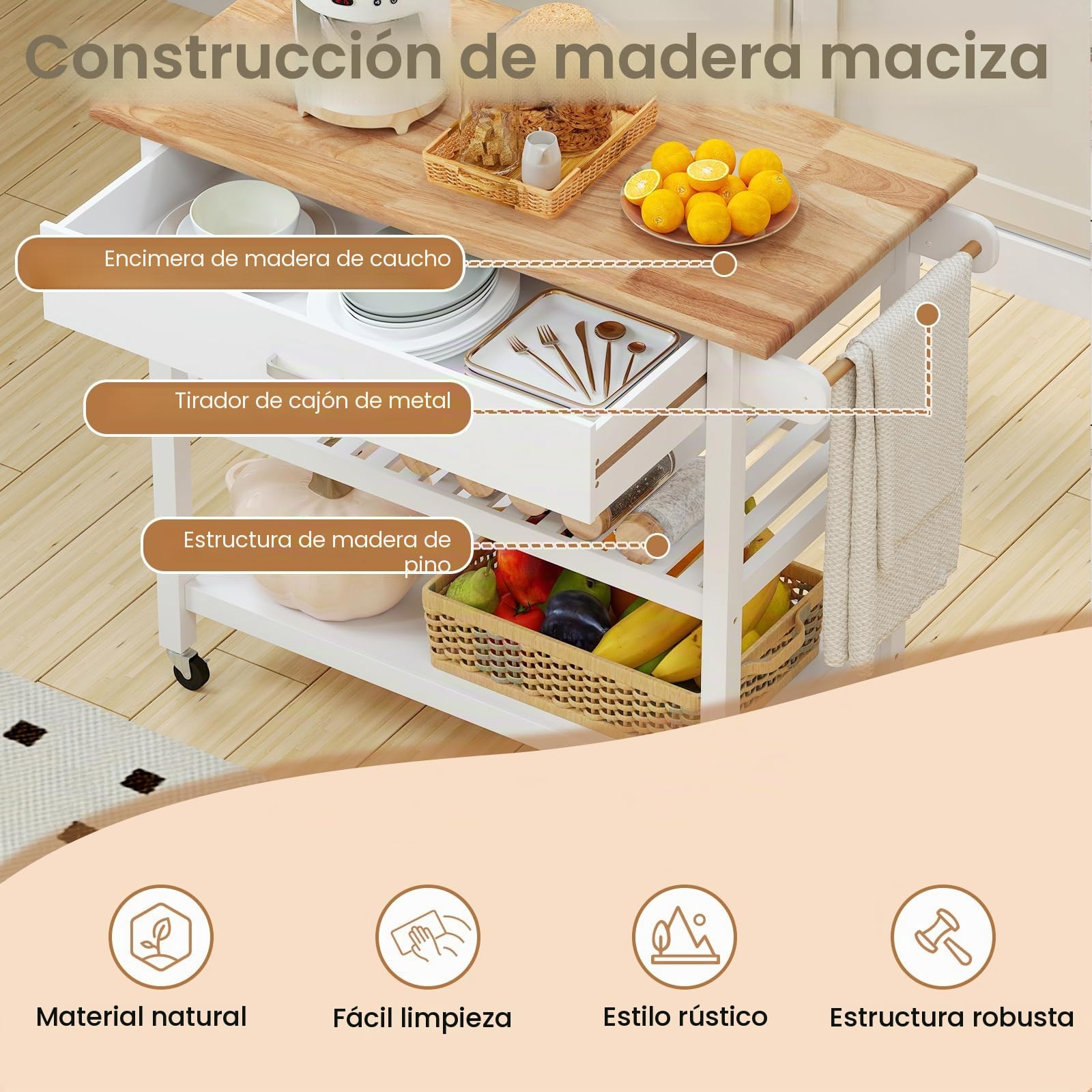 KOMFOTTEU Carro de Cocina con 4 Ruedas, Carrito de Servicio con Encimera, Cajón, 2 Estantes Abiertos, Isla de Cocina con Toallero Lateral, Carrito de Auxiliar para Comedor, 106 x 50 x 89 cm