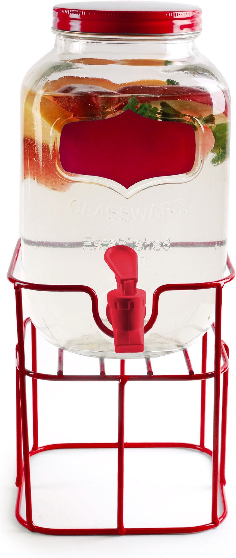Circleware Chalkboard Mini Yorkshire Mason Jar Glass Beverage Drink Dispenser with Red Metal Stand, Spout & Lid, 1 Gallon, Glassware for Water, Iced Tea Kombucha etc