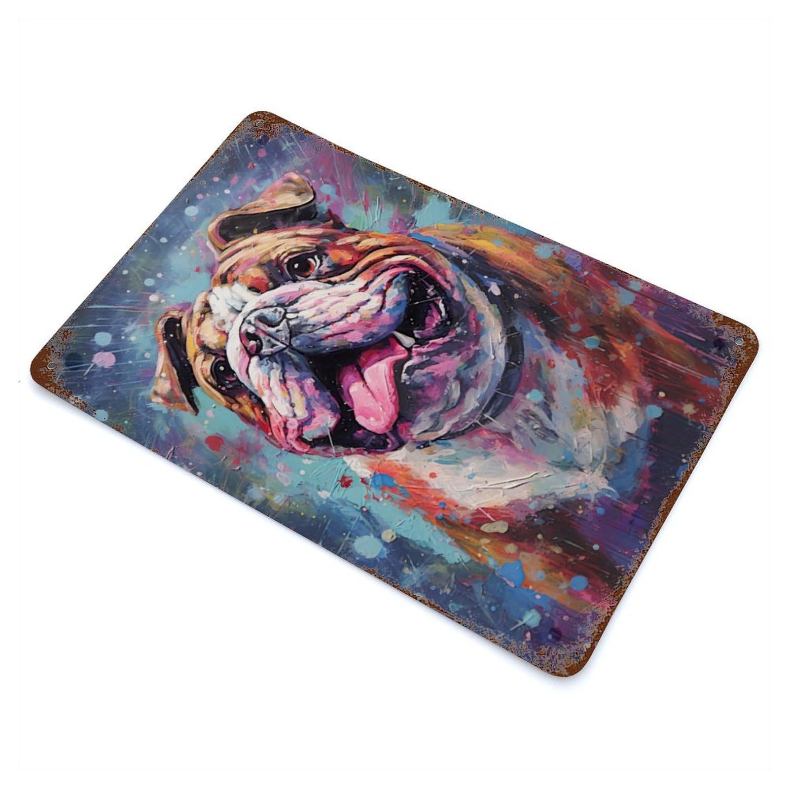 Garage Style Palette Bulldog Painting Rustic Tin Plaque 11.8"x7.9", Classic Wall Plaque for Bar And Workshop