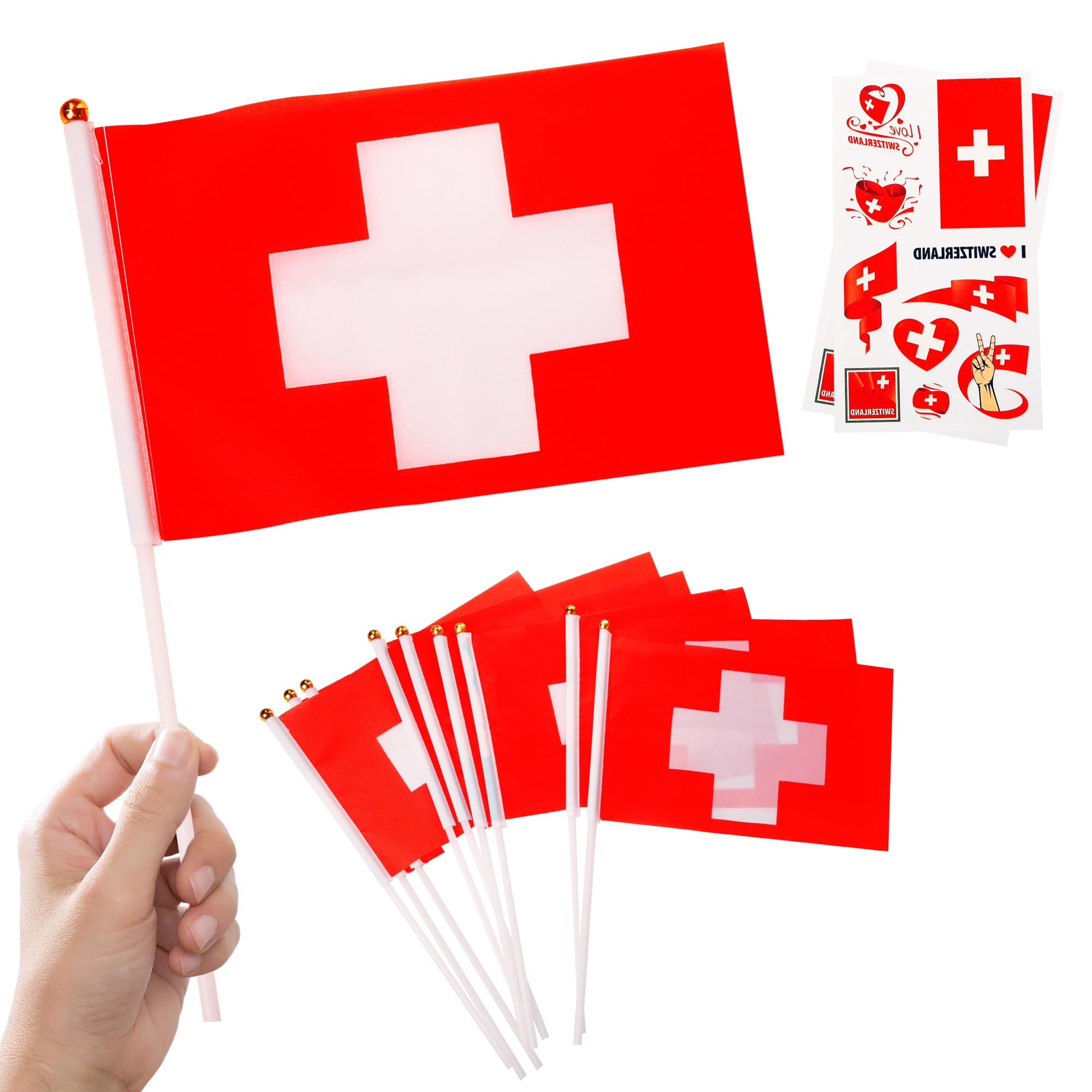 Swiss Flag on Sticks & Tattoos for Oly Games 2024, Sports Events, National Day Party Decorations, Switzerland