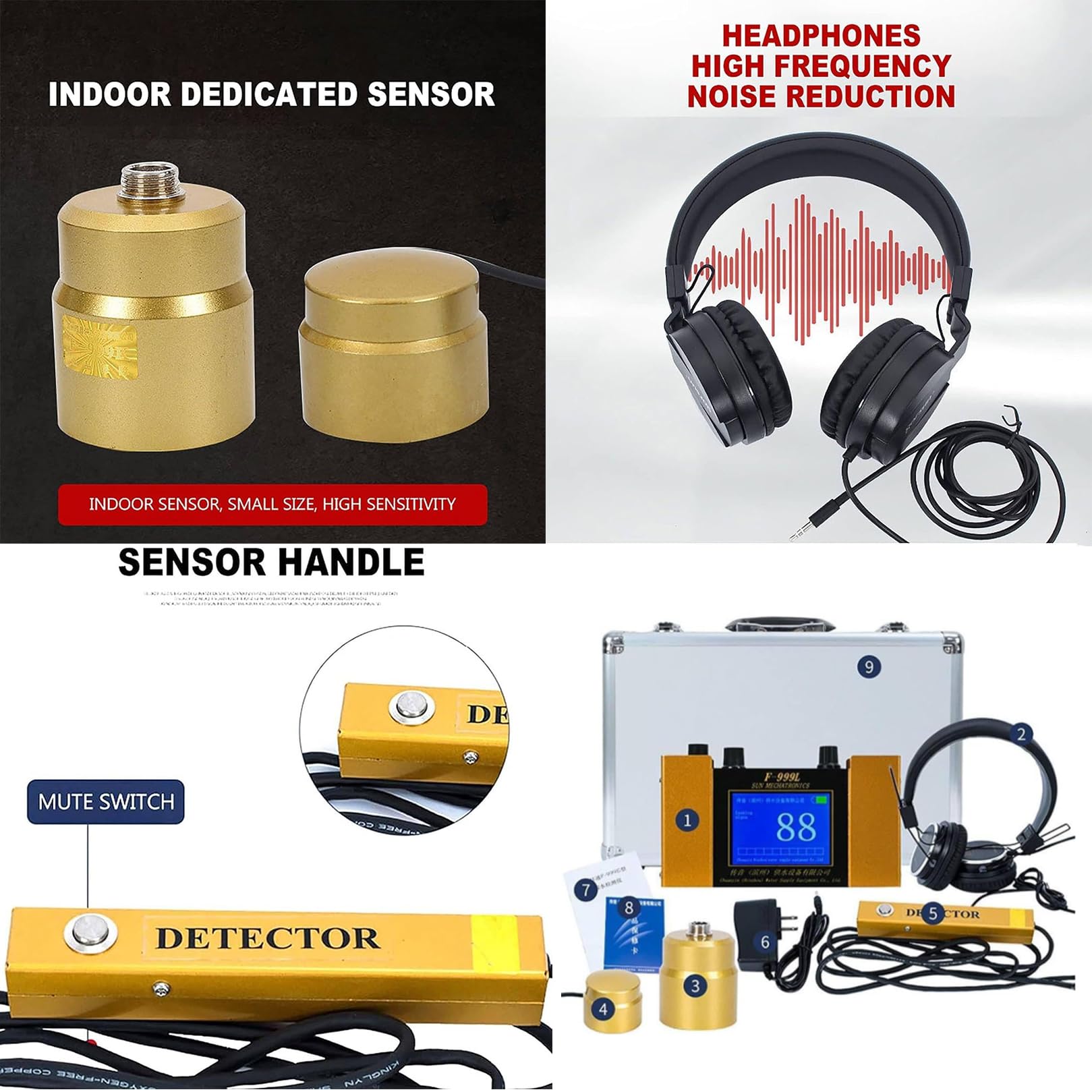 Detector Profesional de Fugas de Agua, Geófono de Alta Precisión para Tuberías Subterráneas, Sensor Localizador de Pérdidas en Cañerías de Agua Potable（F-999L）