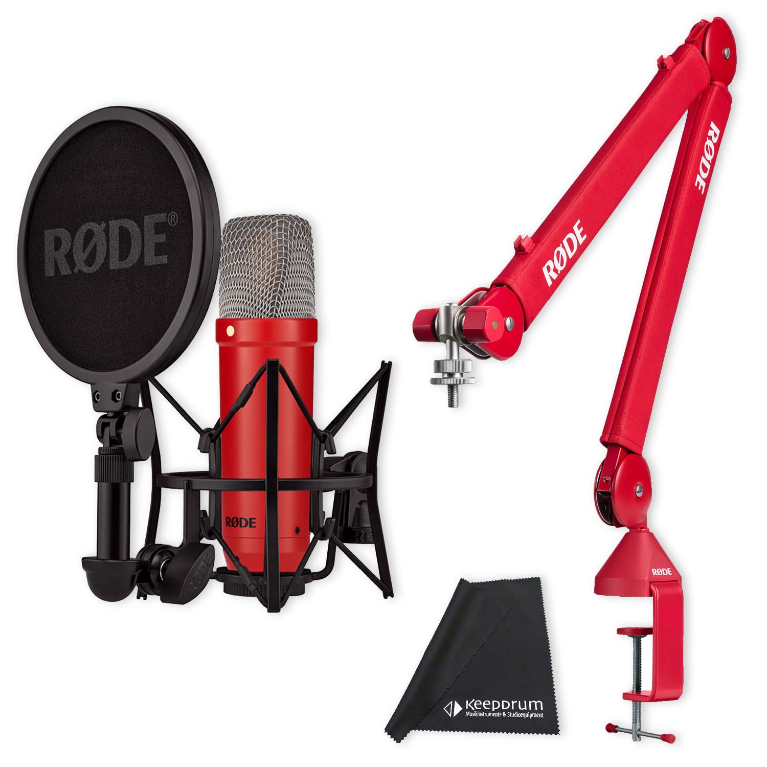 Rode NT1 Signature Studio-Mikrofon Rot mit PSA1+ Gelenkarm-Stativ Rot und keepdrum Mikrofasertuch