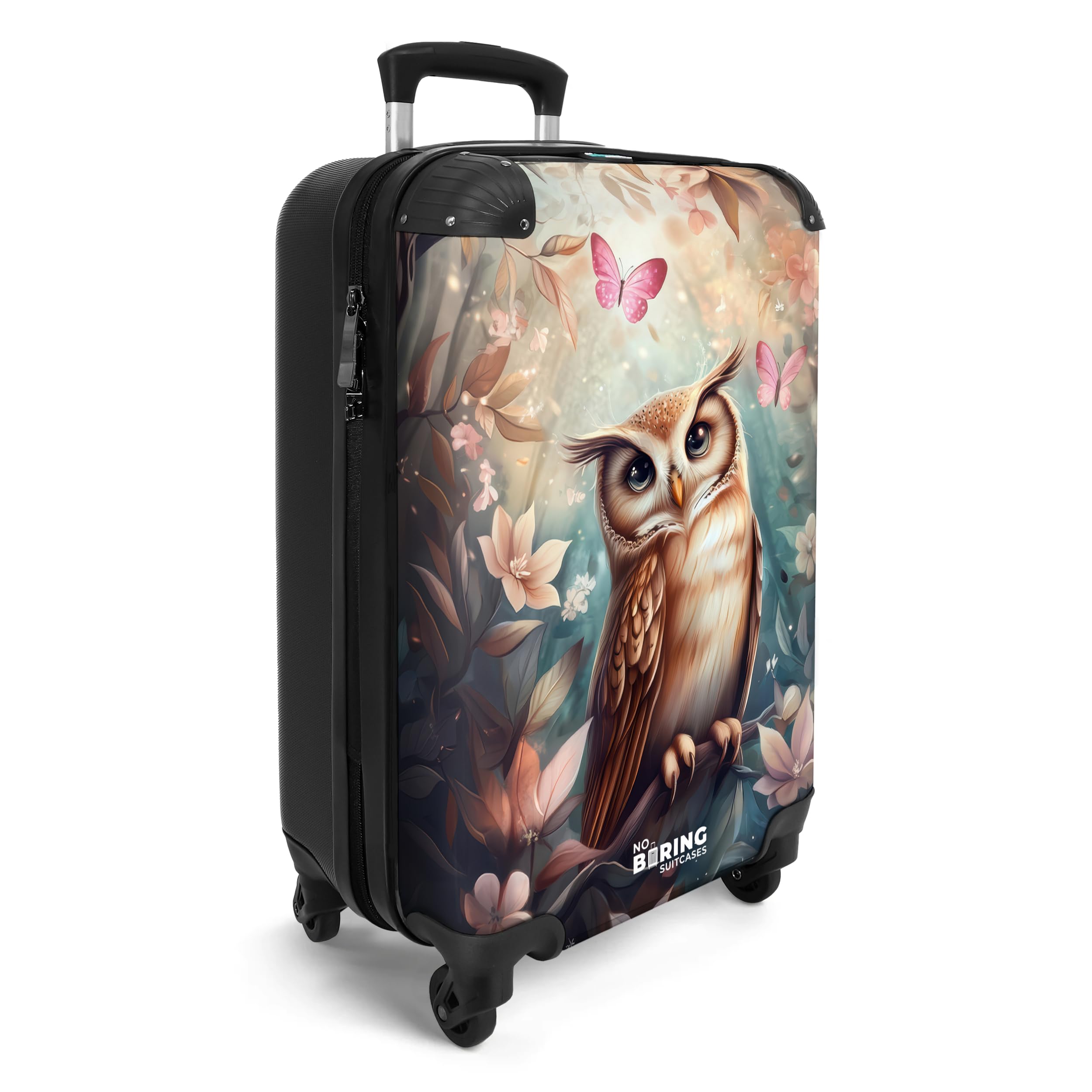 NoBoringSuitcases.com® Handgepäck Koffer Kinder 55x35x20 cm Kinderreisekoffer Kinderkoffer mit Roller Leicht Cabin Trolly Hartschalenkoffer Kind Eule - Schmetterlinge - Wald