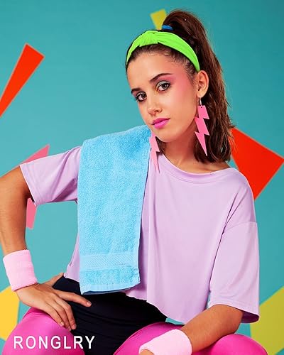 Miniatura 6 de Ronglry 3 diademas de neón de los años 80 y 90, accesorios de atuendo para mujer, diadema elástica retro anudada para mujer, accesorios para el