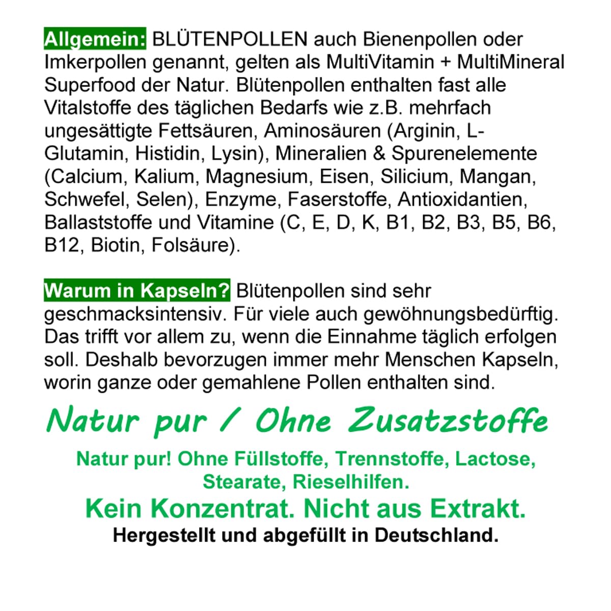 BLÜTENPOLLEN Bienenpollen 540 (3x180) Pulver Kapseln OHNE ZUSATZSTOFFE natürliche Vitamine Mineralien Antioxidantien. Imkerpollen, Imkerqualität. Kalt vermahlen. 100% NATUR pur. 27000-5